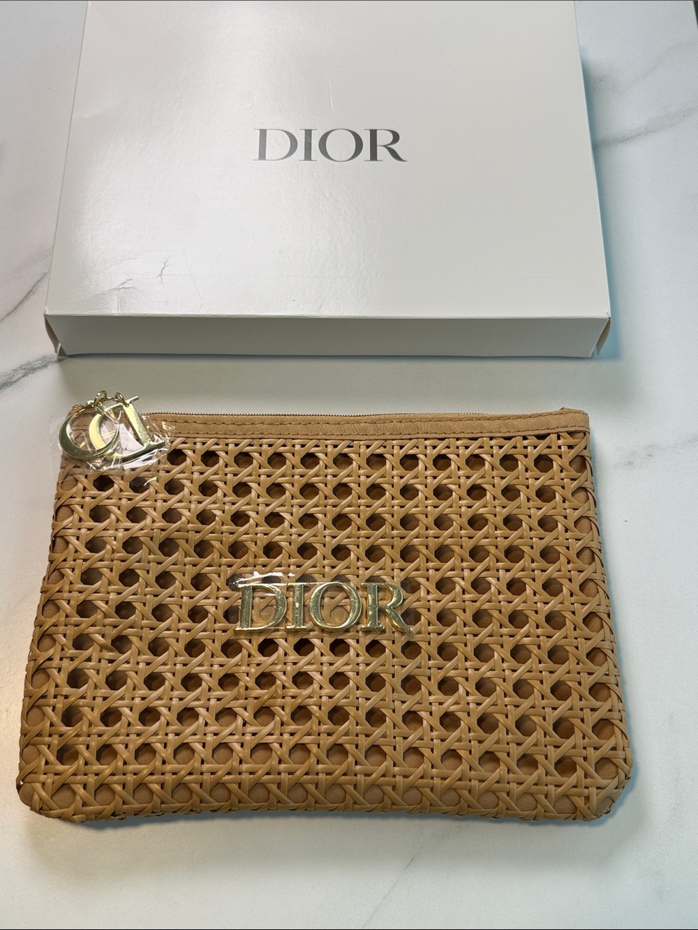 Dior Tan Woven Clutch with Gold Logo Charm